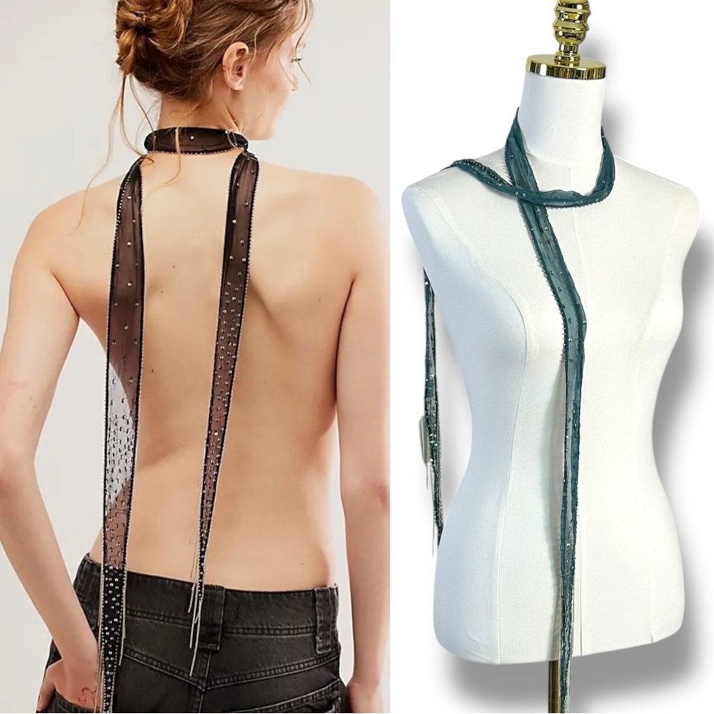 Free People Sheer teal Embellished Long Scarf Wrap